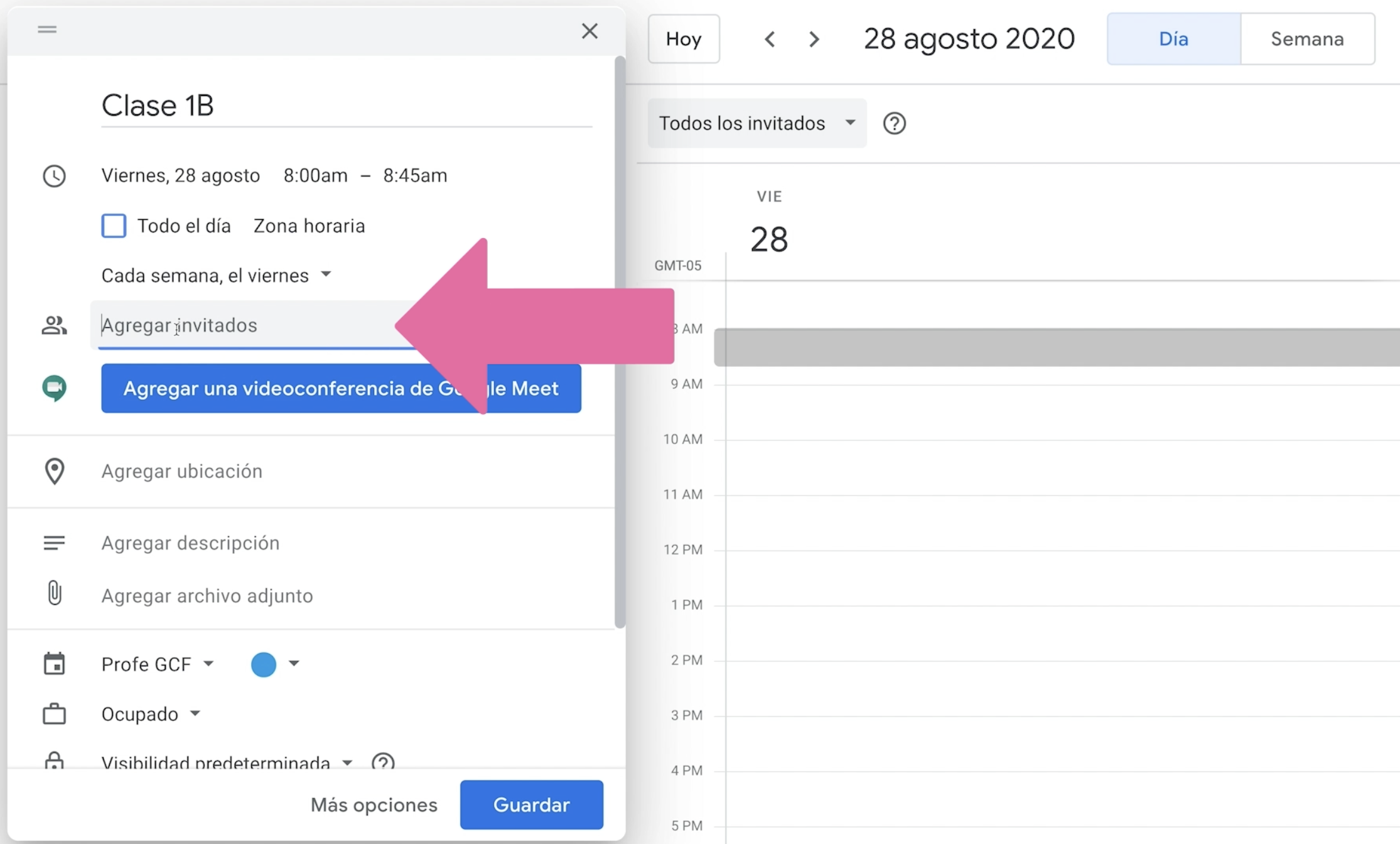 Agregar invitados a evento o clase en Google Calendar de Classroom